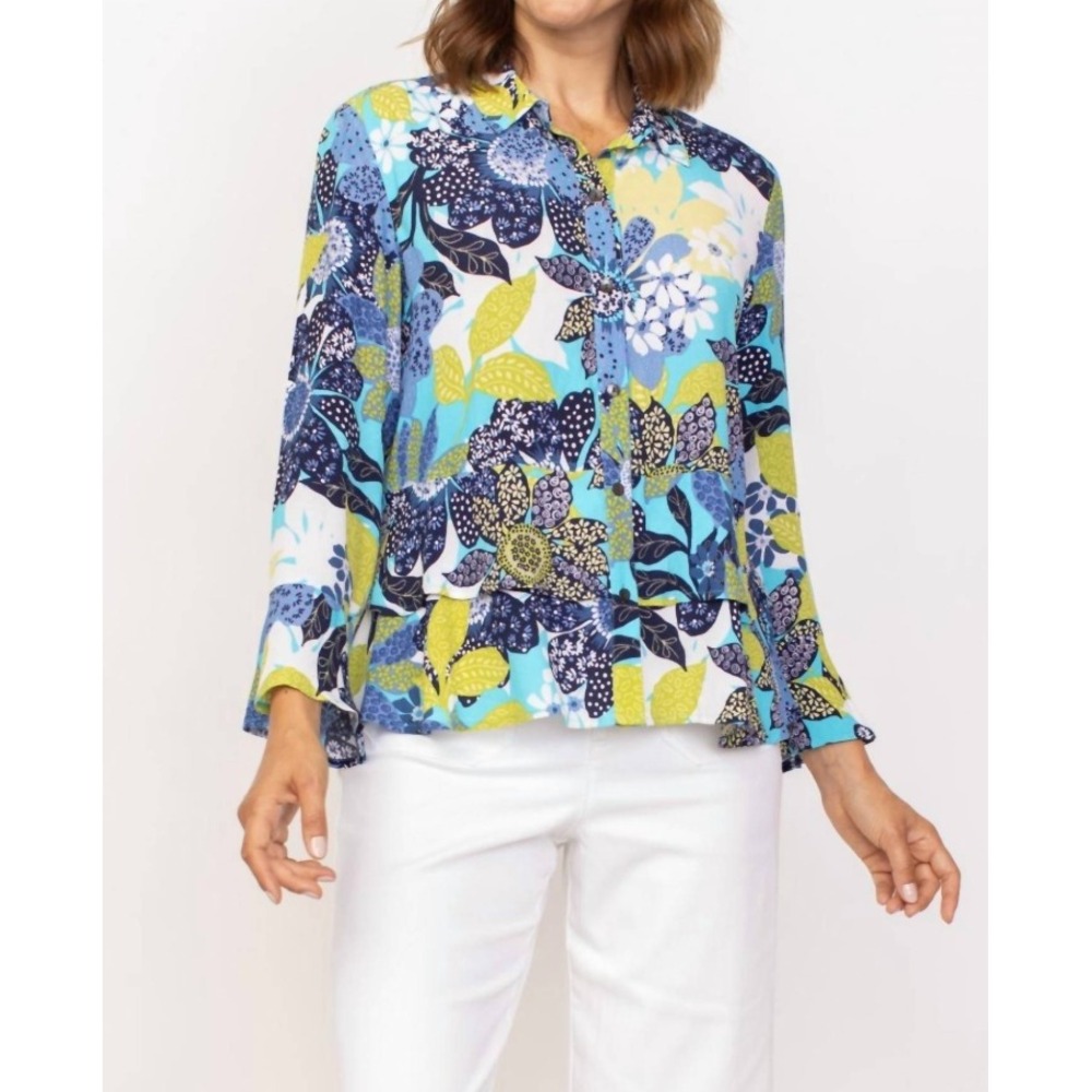Habitat Floral Button Front Blouse Medium‎ Blue Green Tiered Peplum Top Feminine